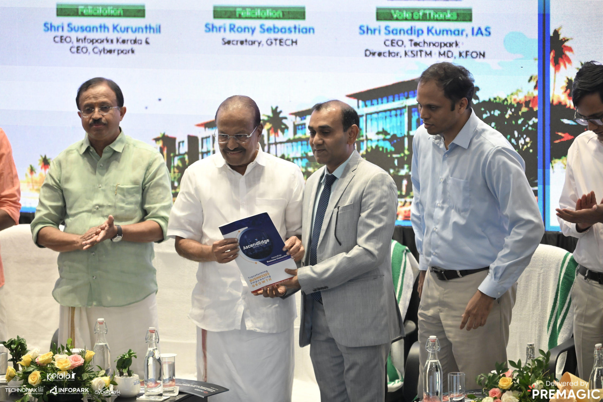Close-up of the AscendEdge feasibility report presented on stage at Technopark Thiruvananthapuram.