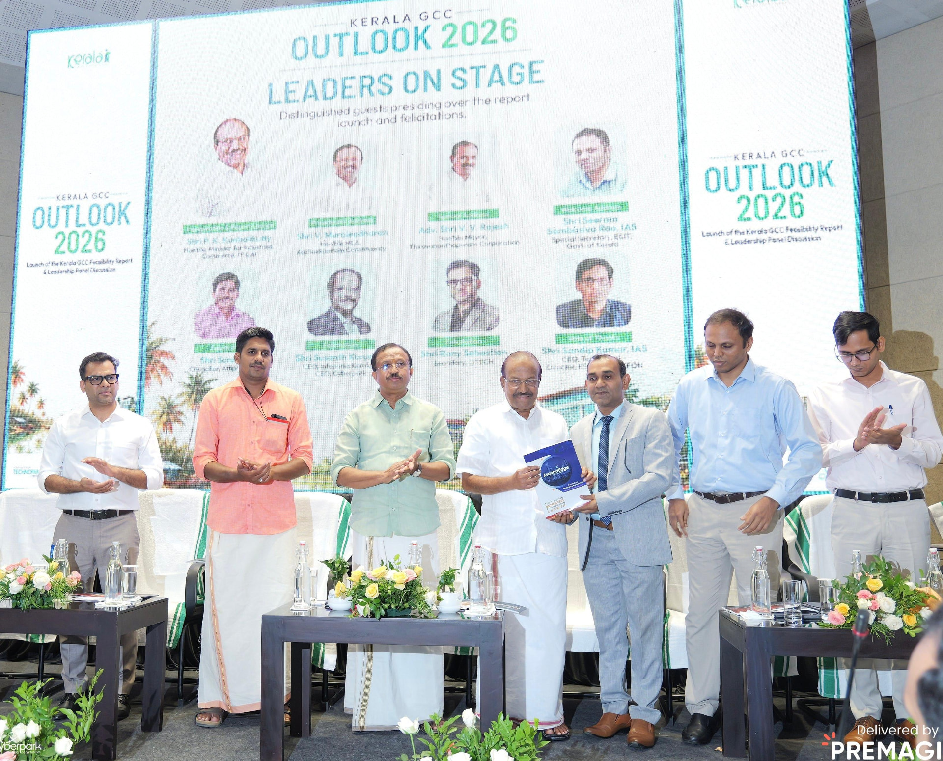 Leaders on stage — launch of the Kerala GCC Feasibility Report and leadership panel discussion.
